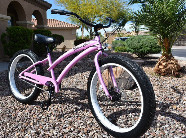 Single Speed fat tire beach cruiser bicycle Pink Diamond Frame/White W – Bahama Cruisers