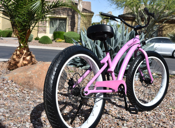 Single Speed fat tire beach cruiser bicycle Pink Diamond Frame/White W – Bahama Cruisers