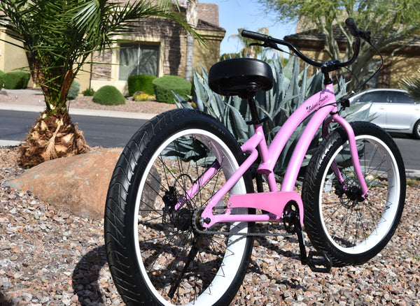 Single Speed fat tire beach cruiser bicycle Pink Diamond Frame/White Wheels
